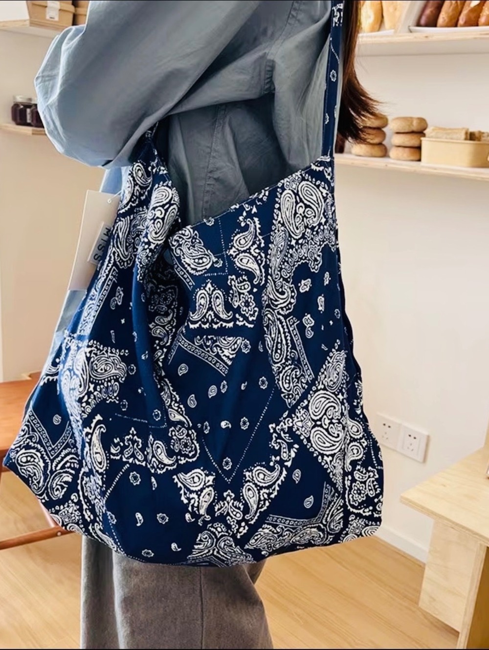 Navy paisley slouch shoulder bag